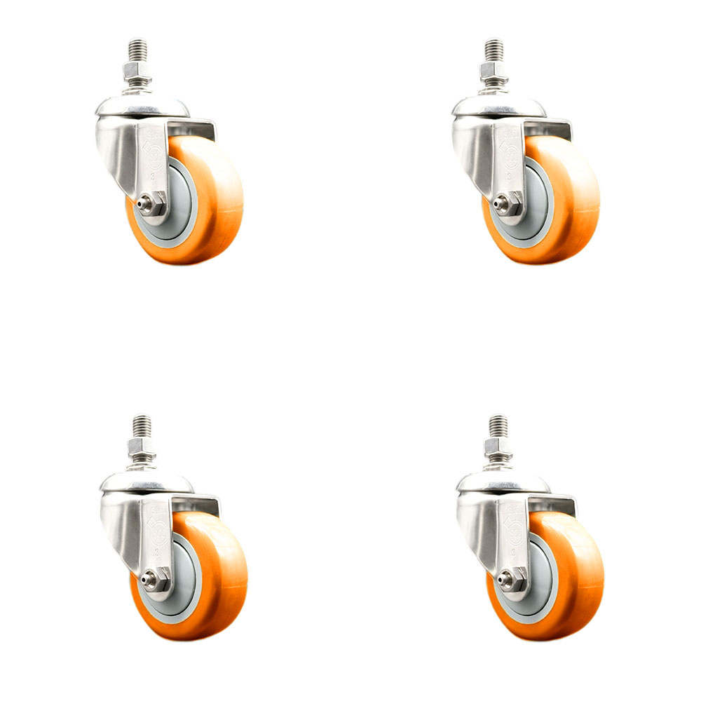 Polyurethane Swivel Stem Caster with 3.5 in. Orange Caster Wheels, 10 mm Threaded Stems - 316 Stainless Steel Casters - Set of 4