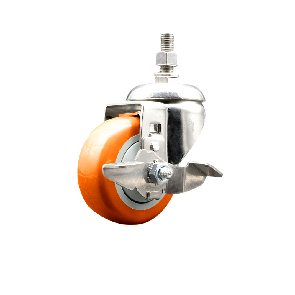 Polyurethane Swivel Stem Caster with 3.5 in. Orange Caster Wheels & Top Lock Brake, 0.5 in. Threaded Stem - 316 Stainless Steel Caster