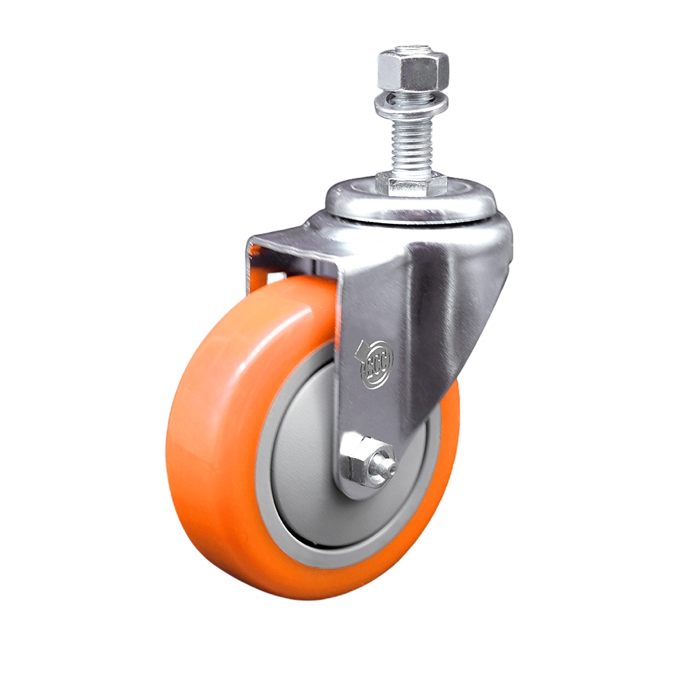 Polyurethane Swivel Stem Caster with 4 in. Orange Caster Wheels, 0.5 in. Threaded Stem - 316 Stainless Steel Caster