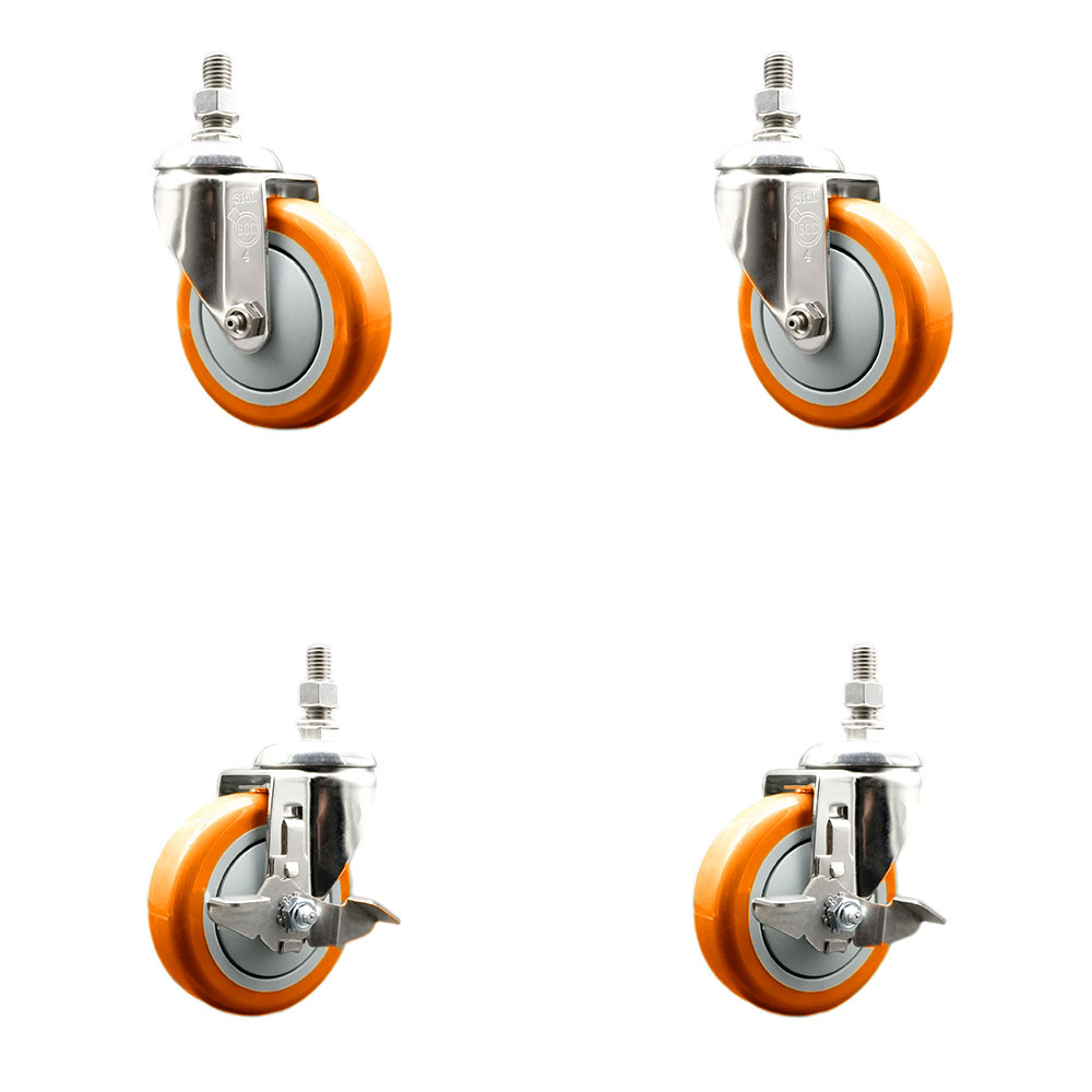 Poly Swivel Stem Caster with 4 in. Orange Caster Wheels, 0.38 in. Threaded Stems - 316 Stainless Steel Casters - Set of 4