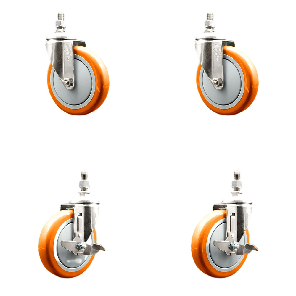 Poly Swivel Stem Caster with 5 in. Orange Caster Wheels, 12 mm Threaded Stems - 316 Stainless Steel Casters - Set of 4
