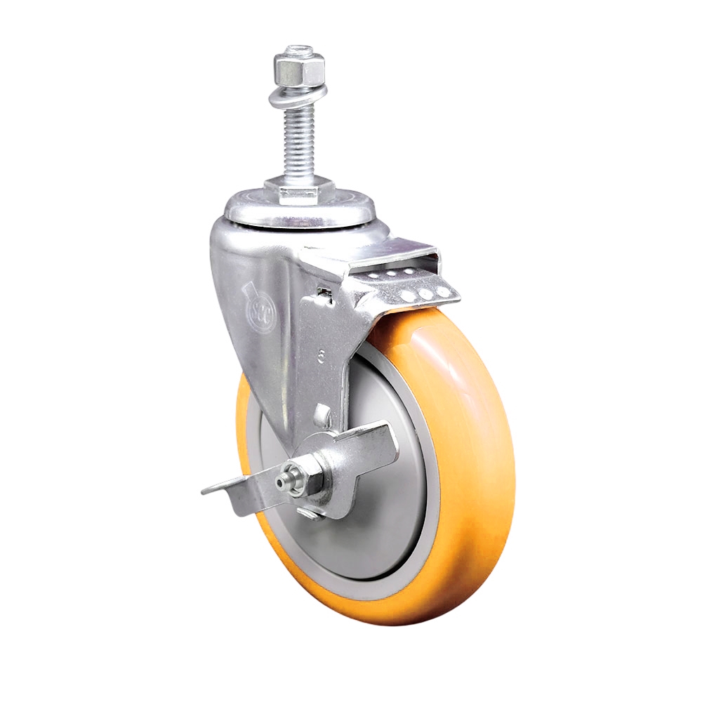Polyurethane Swivel Stem Caster with 5 in. Yellow Caster Wheels & Top Lock Brake, 0.38 in. Threaded Stem - 316 Stainless Steel Caster