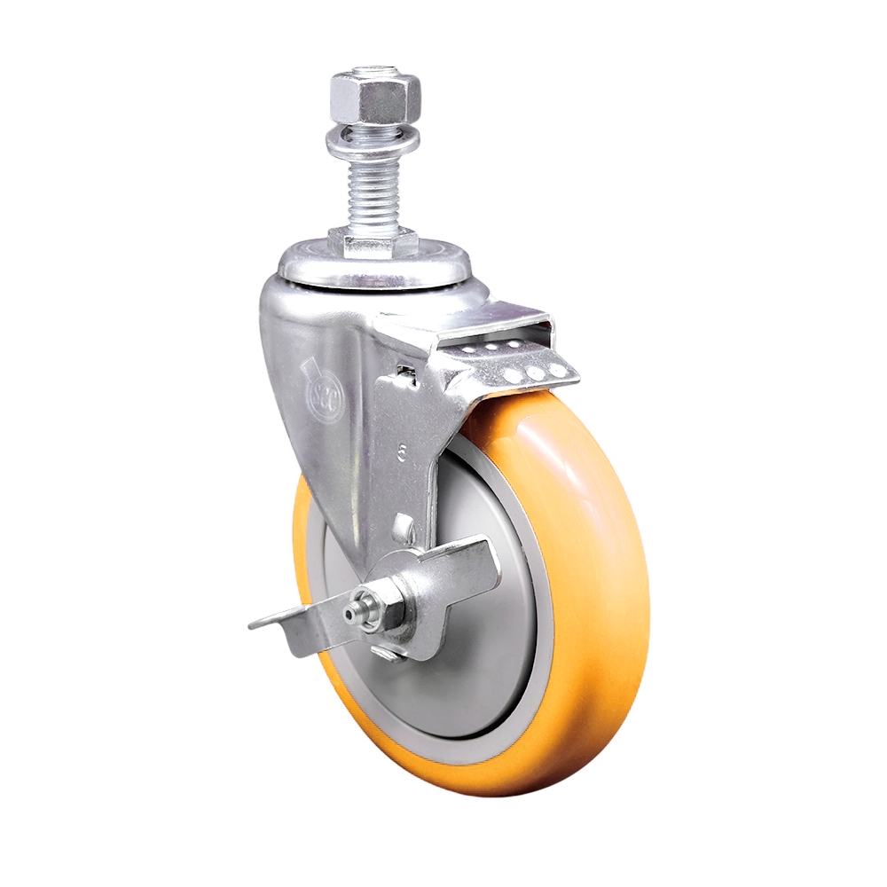 Polyurethane Swivel Stem Caster with 5 in. Yellow Caster Wheels & Top Lock Brake, 12 mm Threaded Stem - 316 Stainless Steel Caster