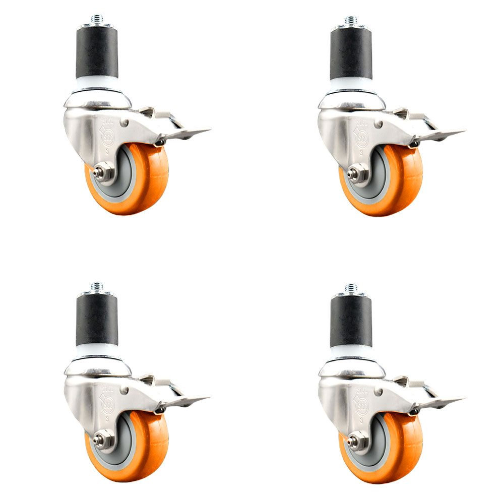 Polyurethane Swivel Stem Caster with 3 in. Orange Caster Wheels, 1.87 in. Expanding Stems - 316 Stainless Steel Casters - Set of 4