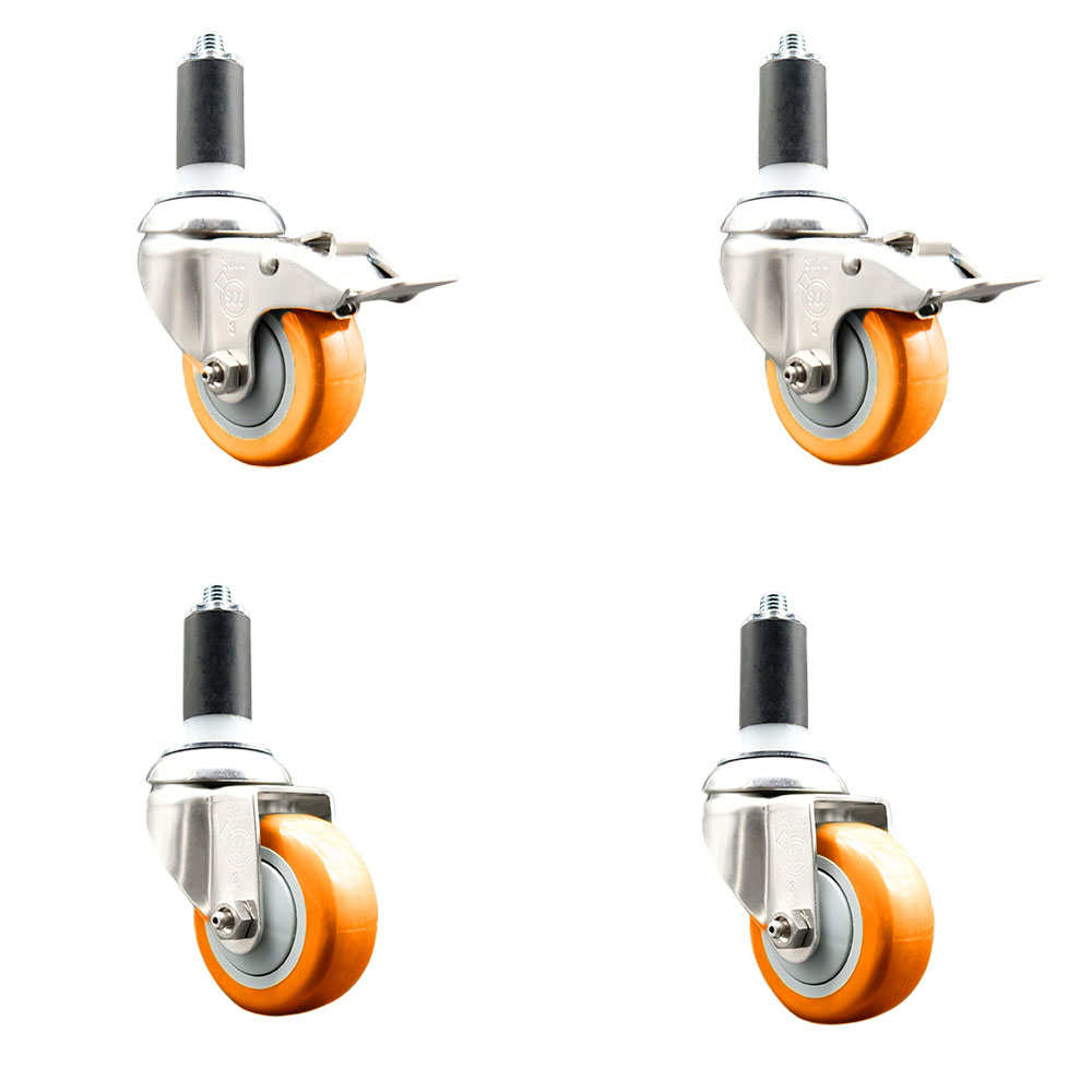 Polyurethane Swivel Stem Caster with 3 in. Orange Caster Wheels, 1.25 in. Expanding Stem - 316 Stainless Steel Casters - Set of 4