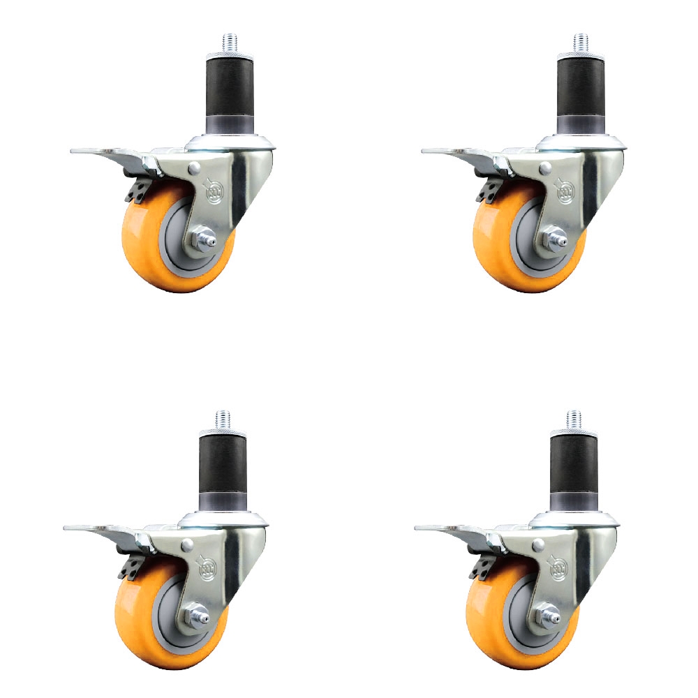 Polyurethane Swivel Stem Caster with 3 in. Yellow Caster Wheels, 1.63 in. Expanding Stems - 316 Stainless Steel Casters - Set of 4