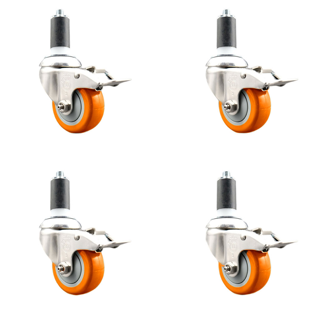 Polyurethane Swivel Stem Caster with 3.5 in. Orange Caster Wheels, 1.25 in. Expanding Stems - 316 Stainless Steel Casters - Set of 4
