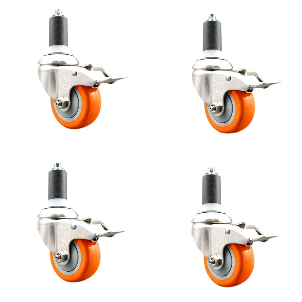 Polyurethane Swivel Stem Caster with 3.5 in. Orange Caster Wheels, 1.38 in. Expanding Stems - 316 Stainless Steel Casters - Set of 4