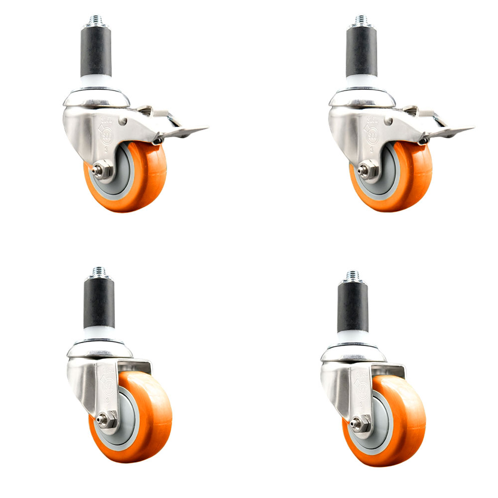 Polyurethane Swivel Stem Caster with 3.5 in. Orange Caster Wheels 1.25 in. Expanding Stem - 316 Stainless Steel Casters - Set of 4