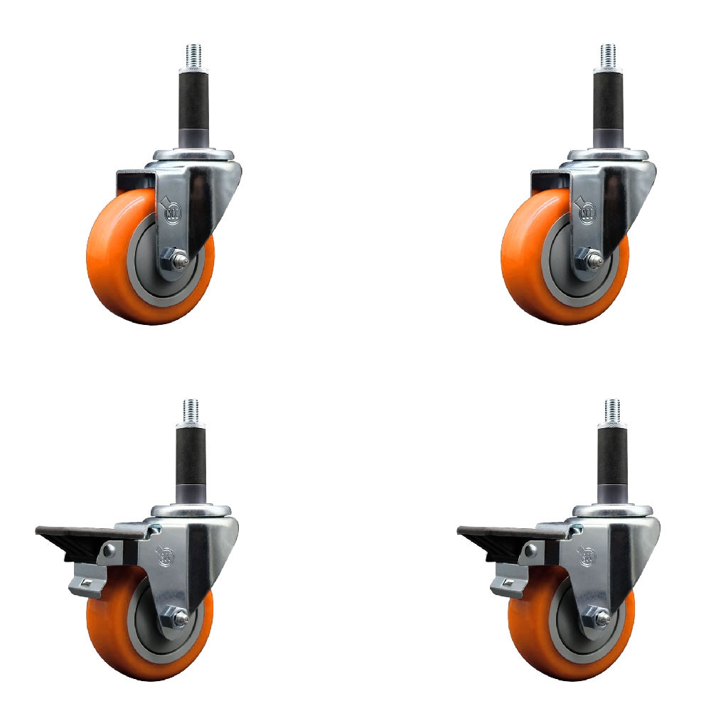 SCC-EX20S3514-PPUB-ORG-2-PLB-2-1 Polyurethane Swivel Expanding Stem Caster with 3.5 in. Orange Wheels & 1 in. Stems - Set of 4