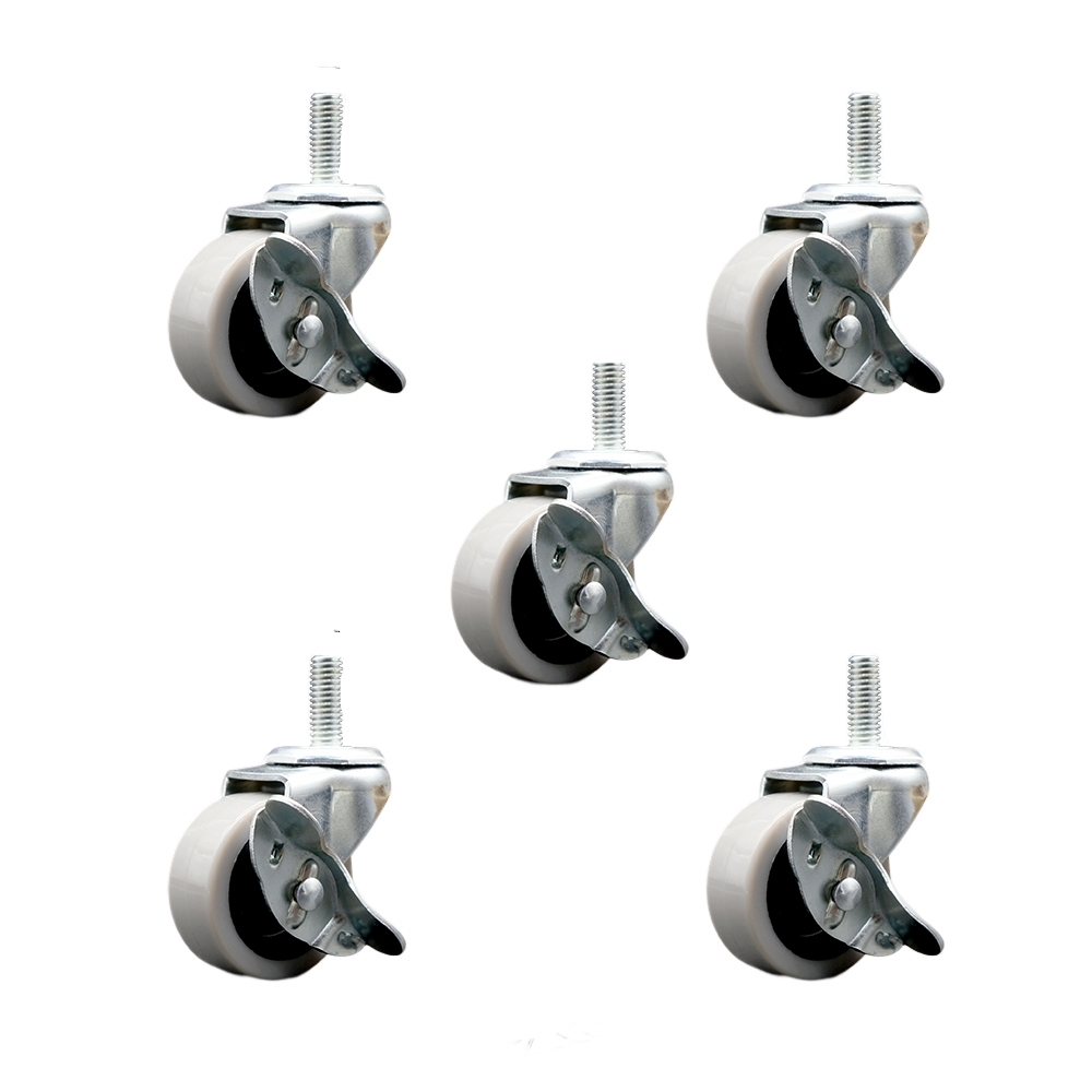 SCC-TS05S210-TPUS-SLB-5161810-5 2 in. Swivel Polyurethane Caster Wheels & 0.31 in. 18 TPI x 1 in. Threaded Stem Caster & Brake - Set of 5