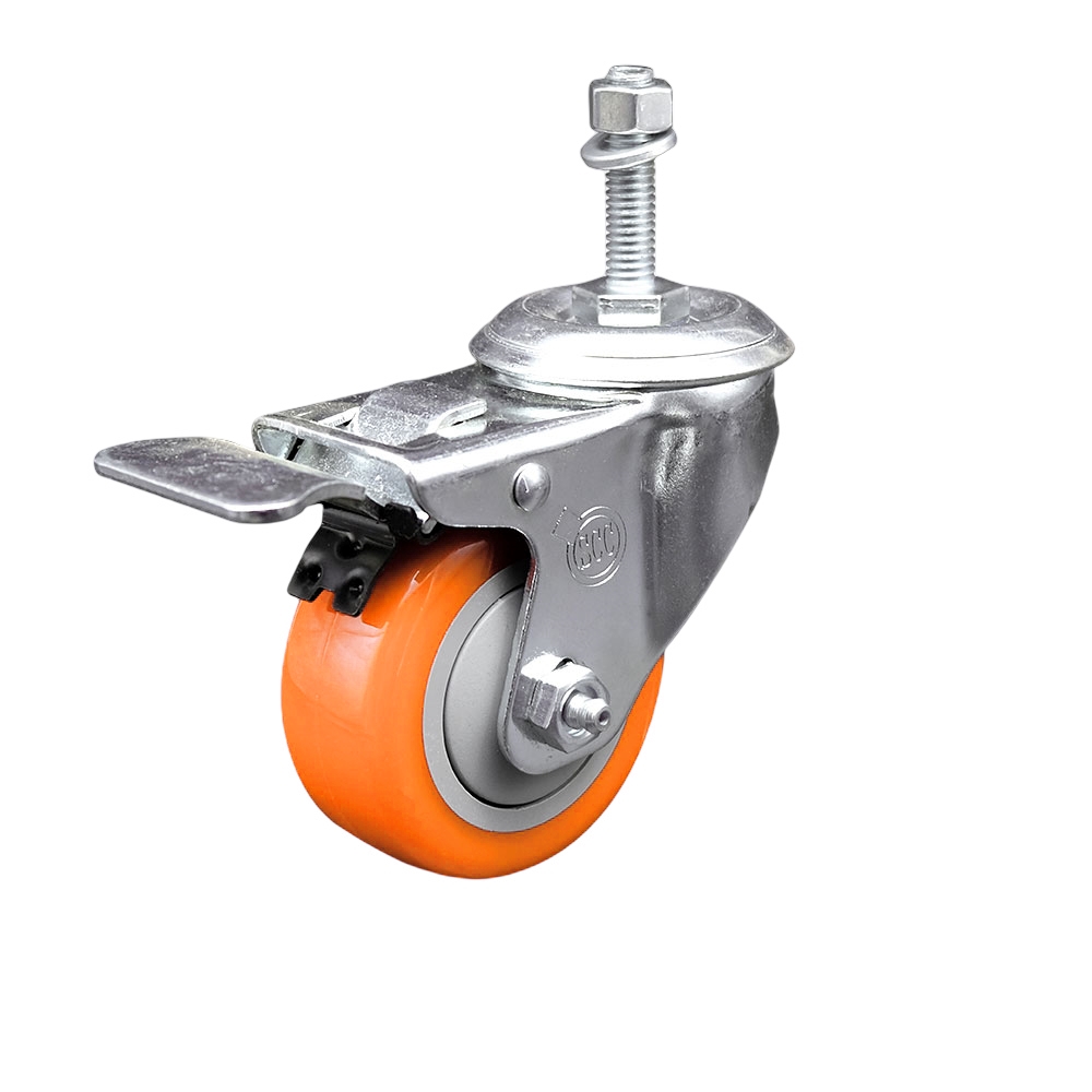 Stainless Steel Polyurethane Swivel Threaded Stem Caster with 3.5 x 1.25 in. Orange Wheel & 10 mm Stem & Total Locking Brake