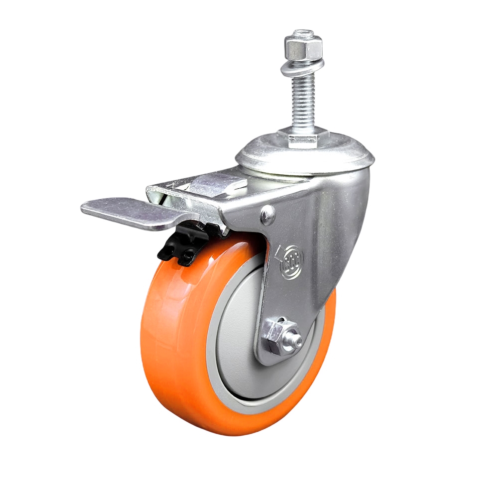 Stainless Steel Polyurethane Swivel Threaded Stem Caster with 4 x 1.25 in. Orange Wheel & 0.38 in. Stem & Total Locking Brake