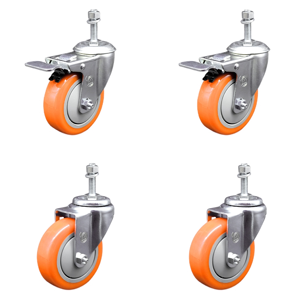 Stainless Steel Polyurethane Swivel Threaded Stem Caster with 4 x 1.25 in. Orange Wheels & 0.38 in. Stems - Set of 4