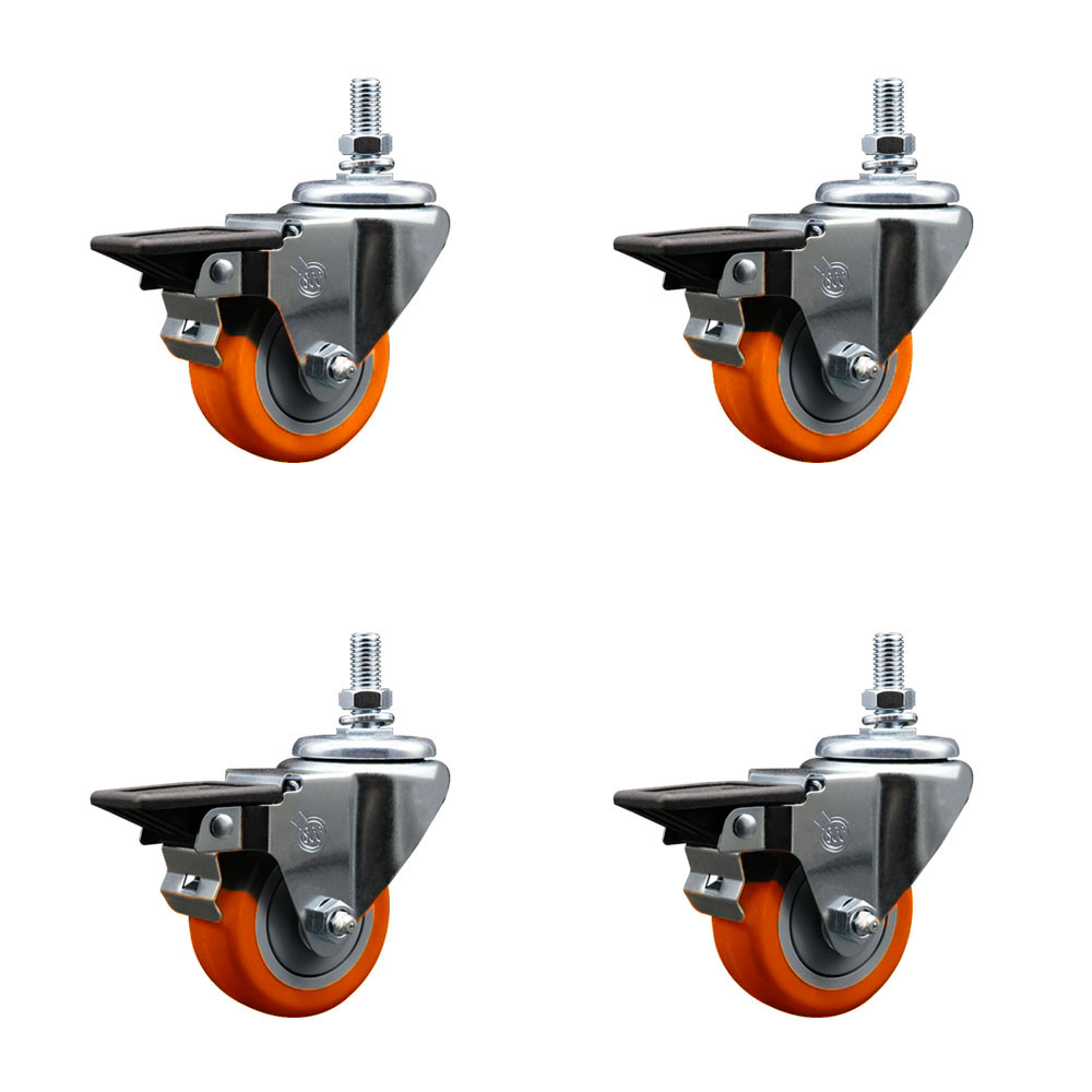 SCC-TS20S314-PPUB-ORG-PLB-M1015-4 Polyurethane Swivel Threaded Stem Caster with 3 x 1.25 in. Orange Wheels & 10 mm Stems - Set of 4
