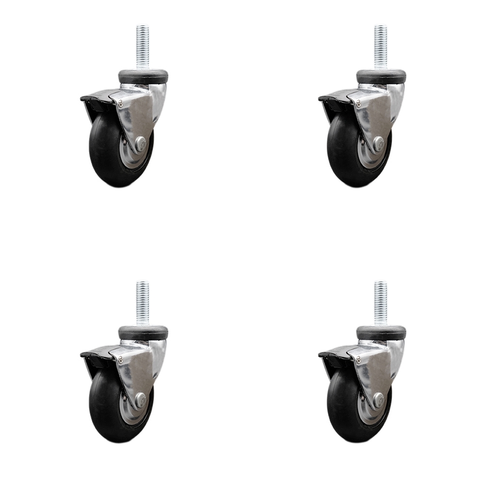 3 in. Swivel Caster Wheels for Furniture Bright Chrome Hooded with 0.31 in. 18 TPI x 1.5 in. Threaded Stem & Brake - Set of 4