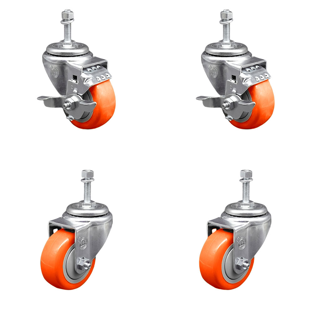 SCC-TS20S314-PPUBORG-TLB-381615-2-S2 Polyurethane Swivel Threaded Stem Caster with 3 x 1.25 in. Orange Wheels & 0.38 in. Stems - Set of 4