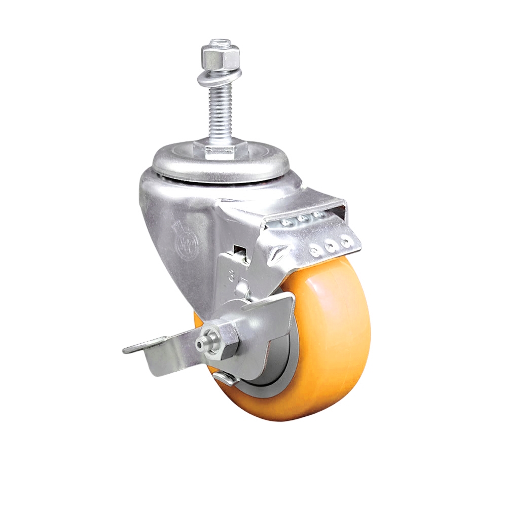 SCC-TS20S3514-PPUB-YEL-TLB-M1015 Polyurethane Swivel Threaded Stem Caster with 3.5 x 1.25 in. Yellow Wheel & 10 mm Stem & Top Locking Brake