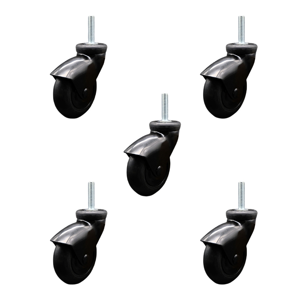 3 in. Swivel Caster Wheels for Furniture Black Hooded Neoprene Rubber Wheel with 10 mm 1.50 x 1.5 in. Threaded Stem - Set of 5