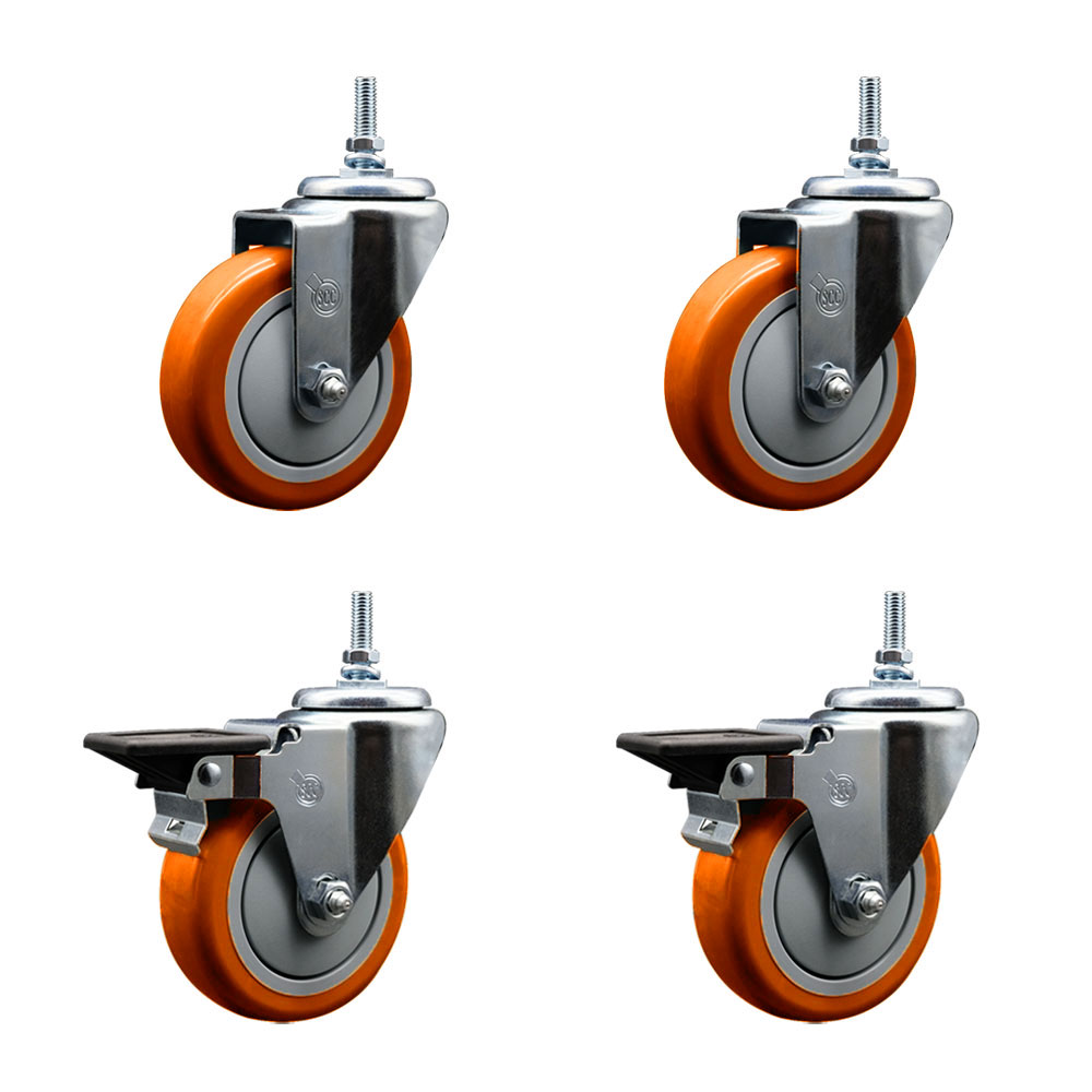 SCC-TS20S414-PPUB-ORG-381615-2-PLB-2 Polyurethane Swivel Threaded Stem Caster with 4 x 1.25 in. Orange Wheels & 0.38 in. Stems - Set of 4