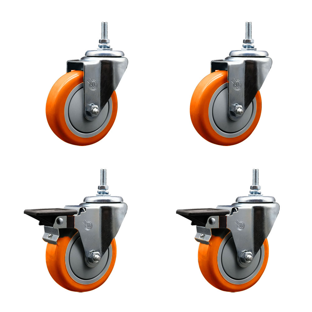 SCC-TS20S414-PPUB-ORG-M1215-2-PLB-2 Polyurethane Swivel Threaded Stem Caster with 4 x 1.25 in. Orange Wheels & 12 mm Stems - Set of 4