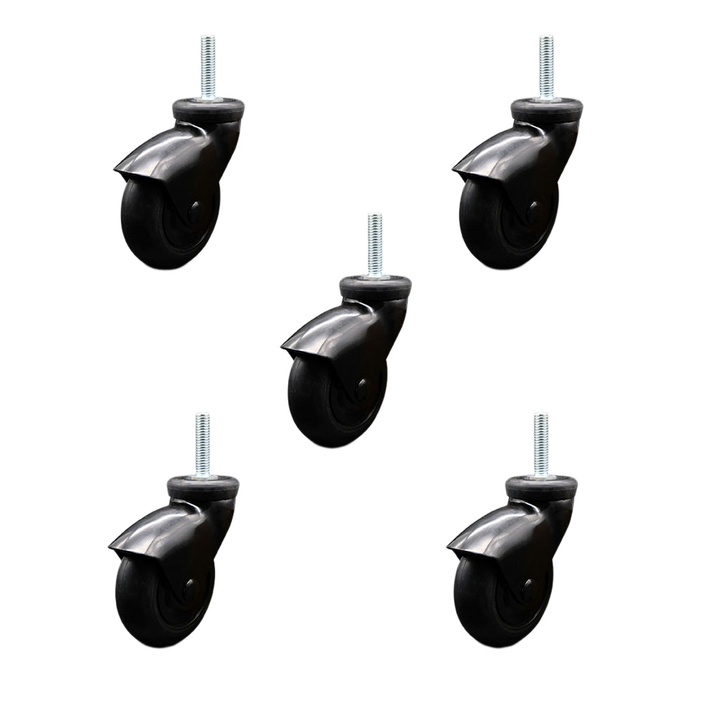 3 in. Swivel Caster Wheels for Furniture Black Hooded Neoprene Rubber Wheel with 8 mm 1.25 x 1.5 in. Threaded Stem - Set of 5
