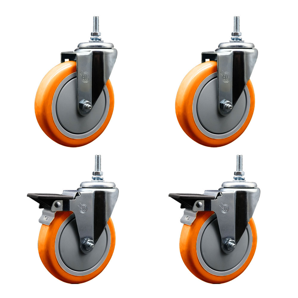 SCC-TS20S514-PPUB-ORG-M1215-2-PLB-2 Polyurethane Swivel Threaded Stem Caster with 5 x 1.25 in. Orange Wheels & 12 mm Stems - Set of 4