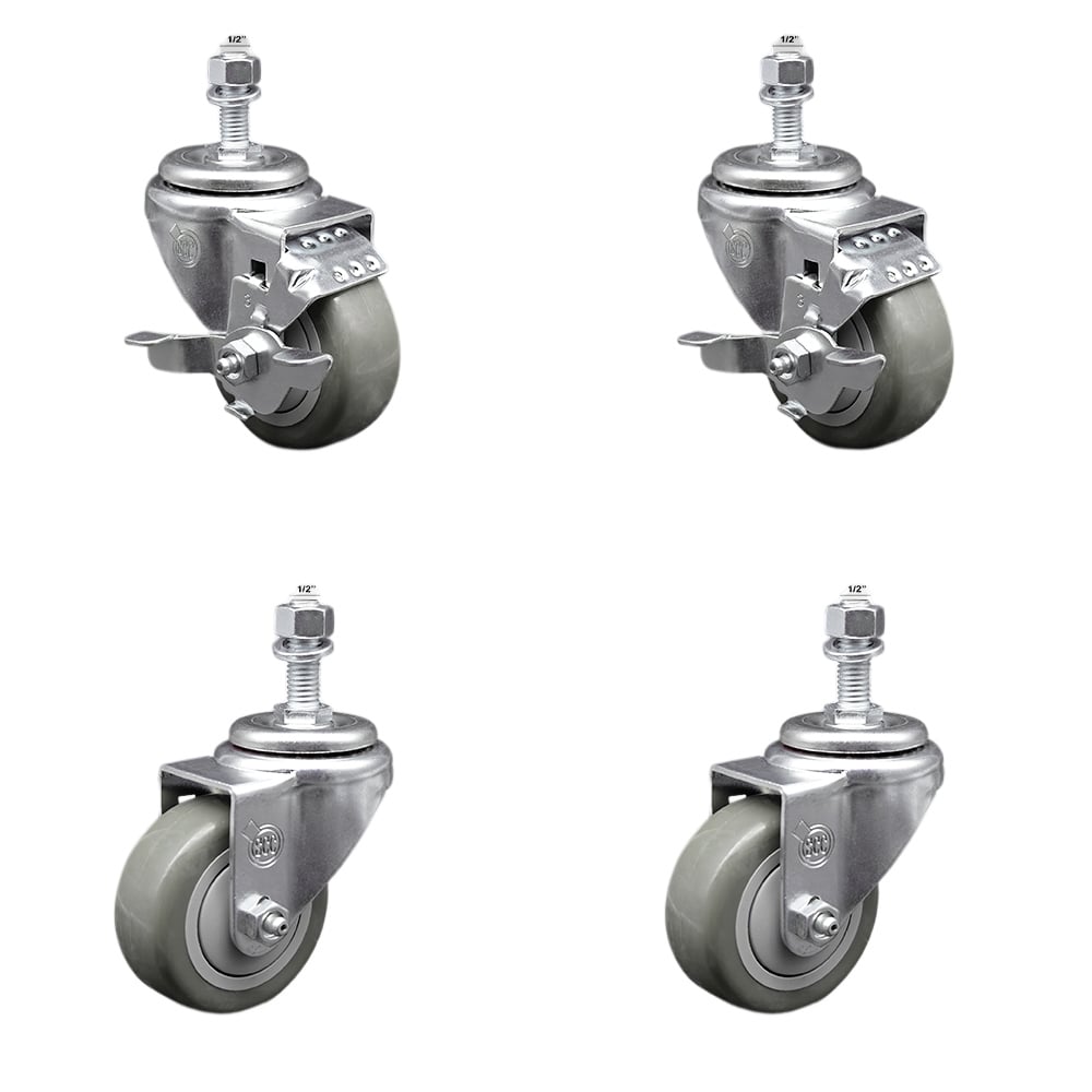Stainless Steel Polyurethane Swivel Threaded Stem Caster with 3 x 1.25 in. Orange Wheels & 0.5 in. Stems - Set of 4