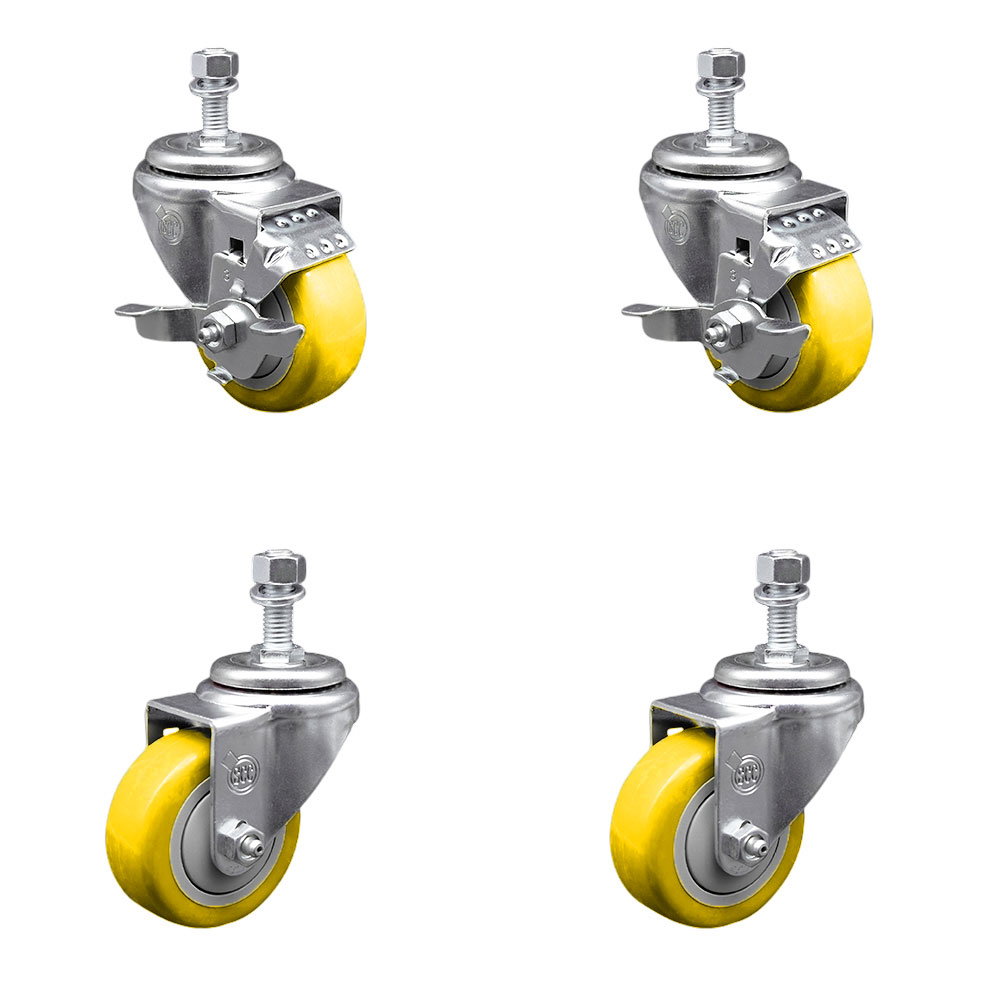Stainless Steel Polyurethane Swivel Threaded Stem Caster with 3 x 1.25 in. Yellow Wheels & 0.5 in. Stems - Set of 4
