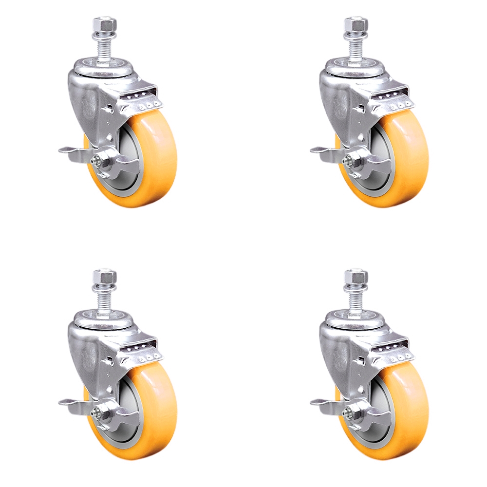 Stainless Steel Polyurethane Swivel Threaded Stem Caster with 4 x 1.25 in. Yellow Wheels & 0.5 in. Stems - Set of 4