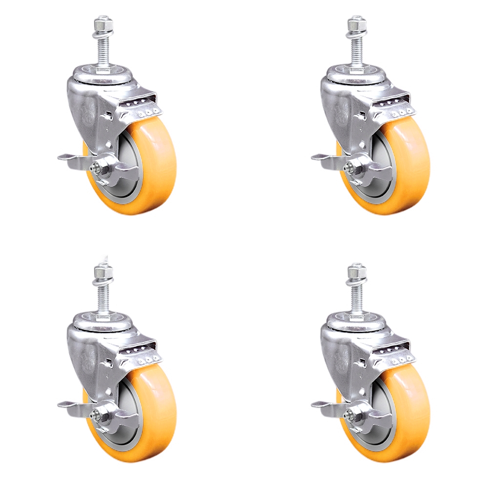 SCC-SSTS20S414-PPUB-YEL-TLB-M1015-4 Stainless Steel Polyurethane Swivel Threaded Stem Caster with 4 x 1.25 in. Yellow Wheels & 10 mm Stems - Set of 4