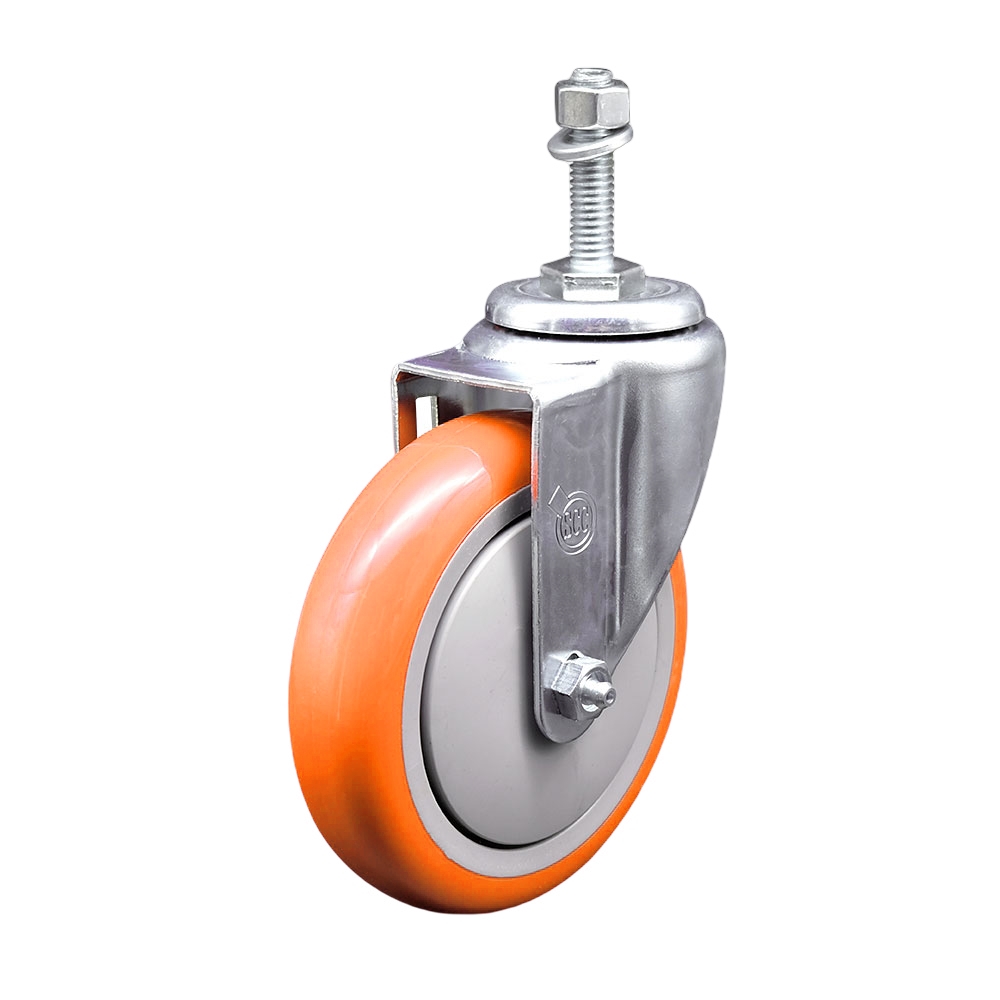 SCC-SSTS20S514-PPUB-ORG-381615 Stainless Steel Polyurethane Swivel Threaded Stem Caster with 5 x 1.25 in. Orange Wheel & 0.38 in. Stem