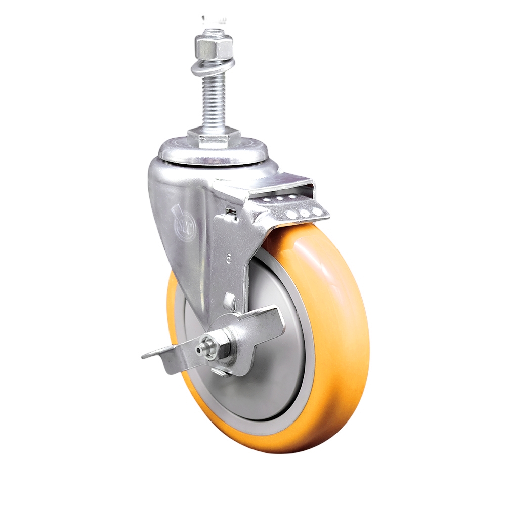Stainless Steel Polyurethane Swivel Threaded Stem Caster with 5 x 1.25 in. Yellow Wheel & 10 mm Stem & Top Locking Brake