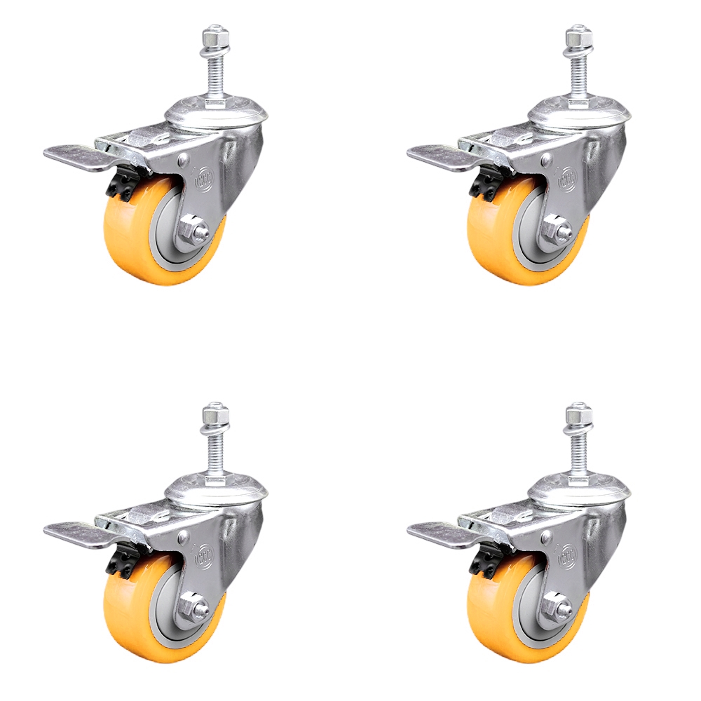 Stainless Steel Polyurethane Swivel Threaded Stem Caster with 3 x 1.25 in. Yellow Wheels & 0.38 in. Stems - Set of 4