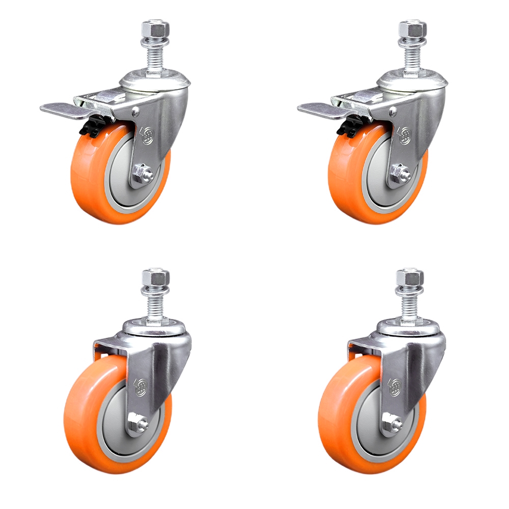 Stainless Steel Polyurethane Swivel Threaded Stem Caster with 4 x 1.25 in. Orange Wheels & 12 mm Stems - Set of 4