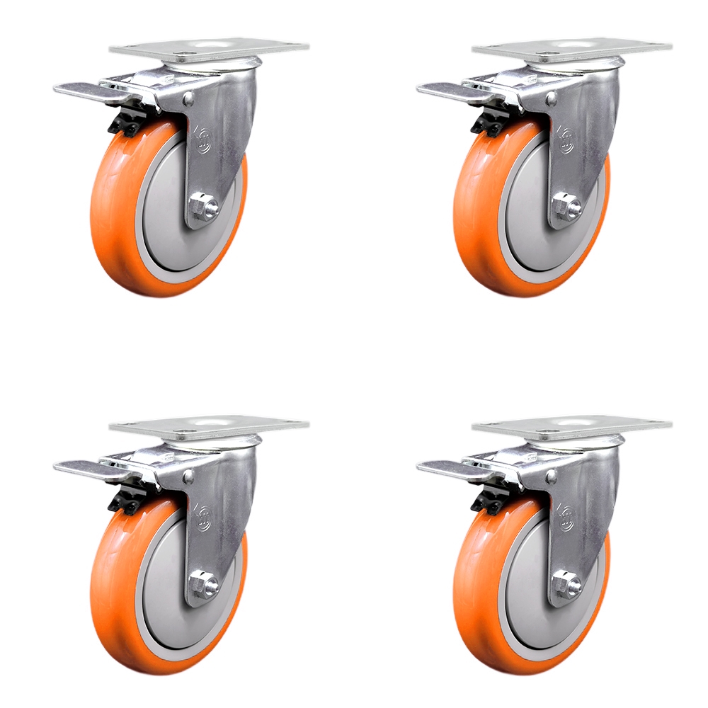 SCC-SSTTL20S514-PPUB-ORG-4 Stainless Steel Polyurethane Swivel Top Plate Caster with 5 x 1.25 in. Orange Wheels - Set of 4