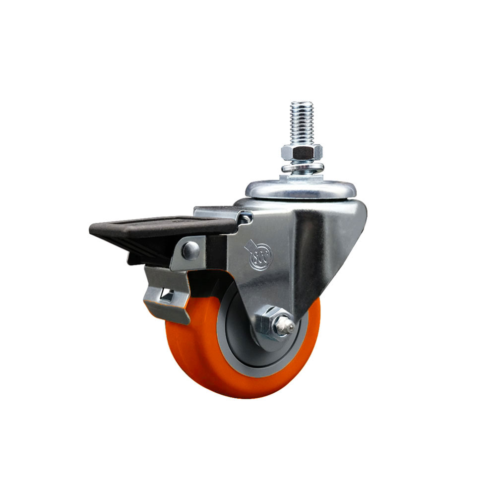 SCC-TS20S314-PPUB-ORG-PLB-M1015 Polyurethane Swivel Threaded Stem Caster with 3 x 1.25 in. Orange Wheel & 10 mm Stem & Posi Locking Brake