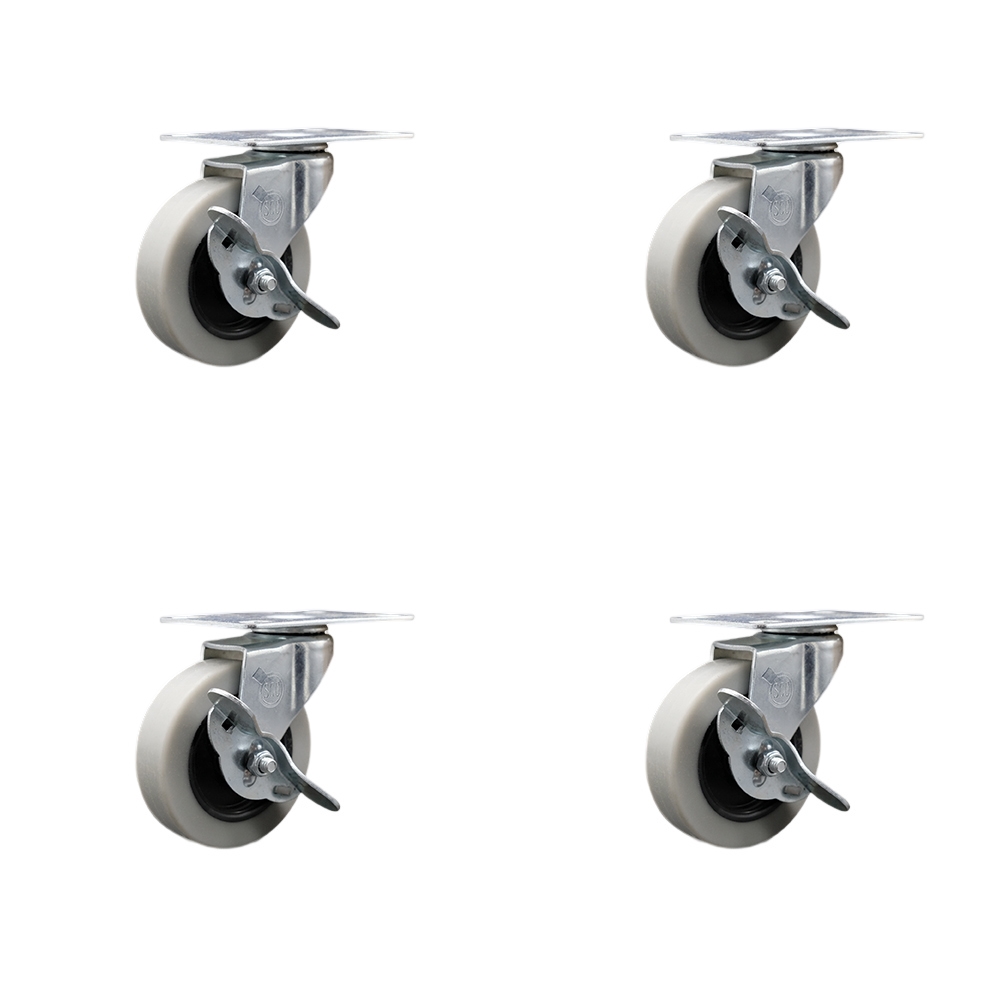 SCC-05S310-TPRS-SLB-TP2-4 3 in. Swivel Thermoplastic Rubber Caster Wheels with 2.38 in. by 3.63 in. Overall Top Plate & Brake - Set of 4