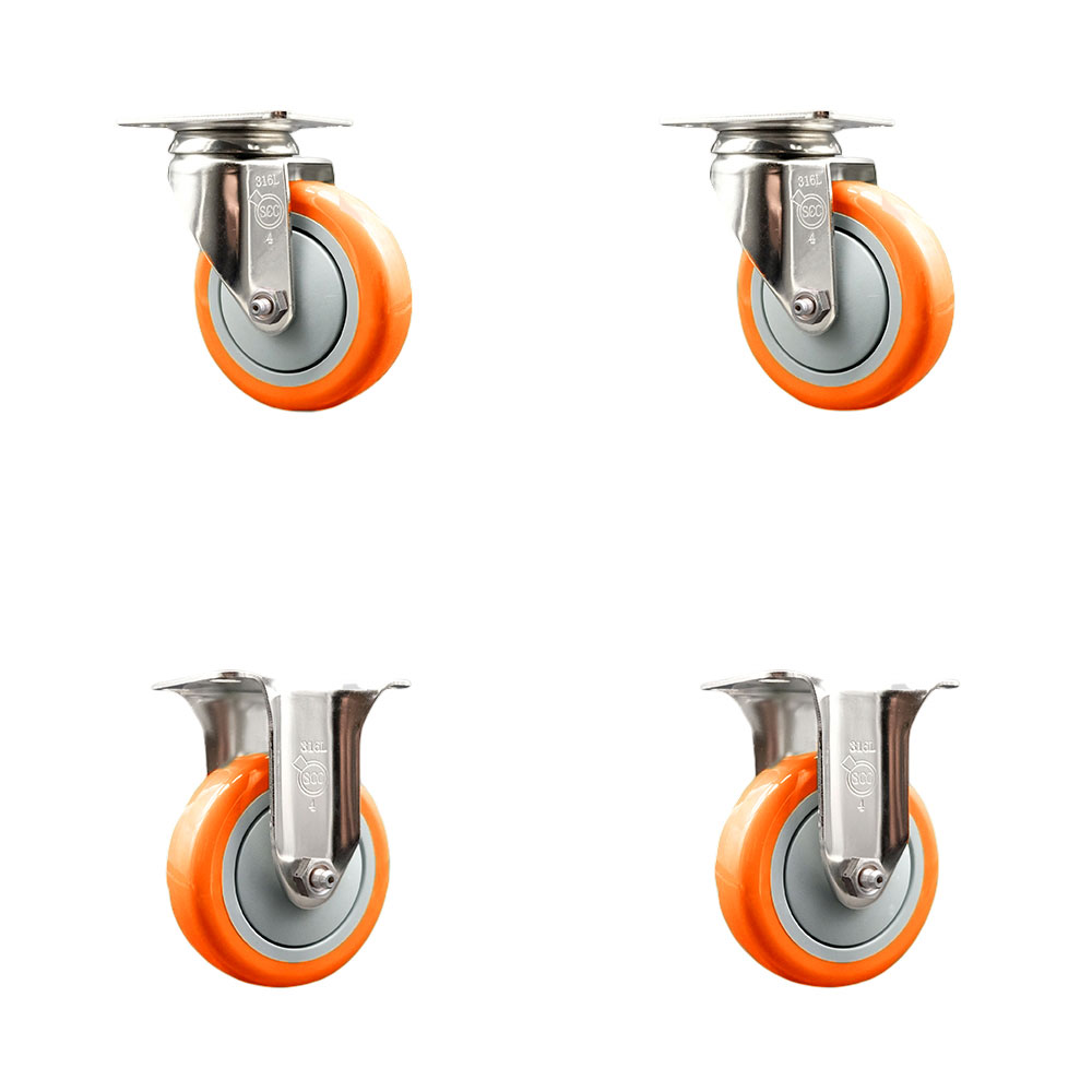 SCC-SS31620S414-PPUB-ORG-2-R-2 Polyurethane Swivel Top Plate Caster with 4 in. 316 Stainless Steel Orange Wheels - Set of 4