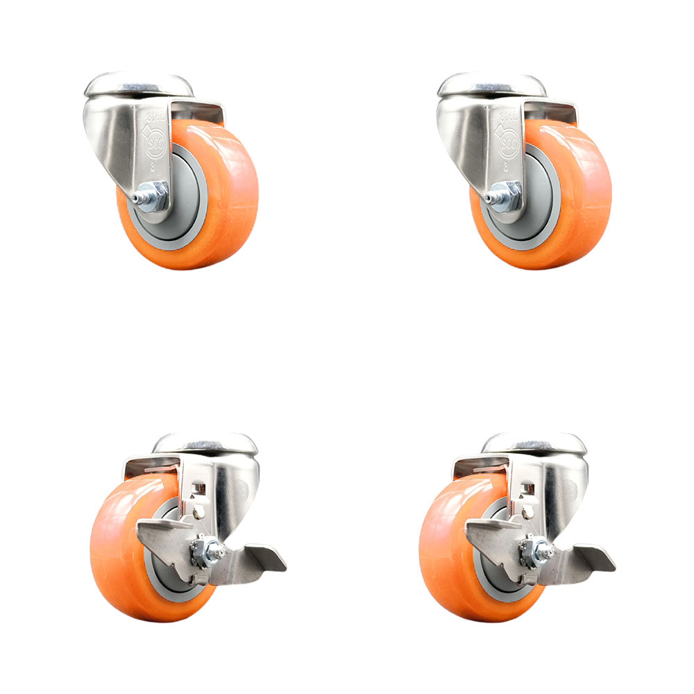 SCC-SS316BH20S314-PPUB-ORG-2-TLB-2 Polyurethane Swivel Bolt Hole Caster with 3 in. Orange Caster Wheels - 316 Stainless Steel Casters - Set of 4