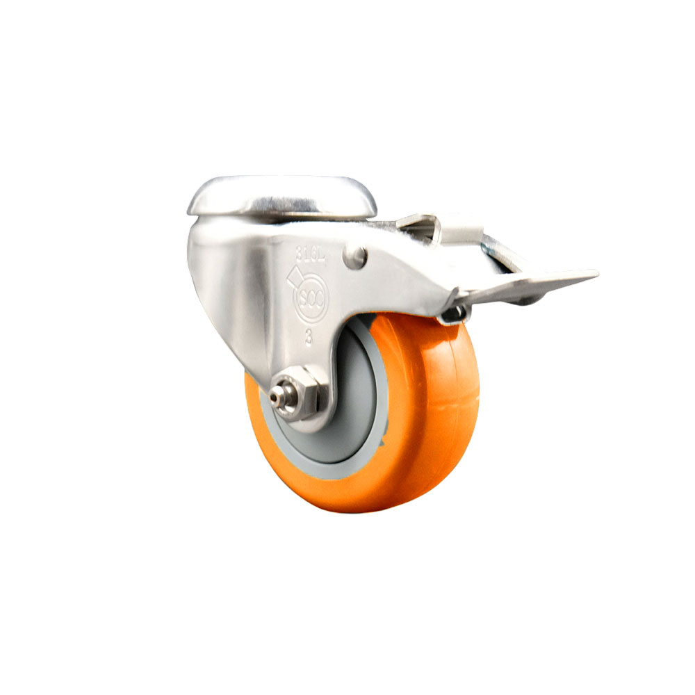 SCC-SS316BHTTL20S3514-PPUB-ORG Polyurethane Swivel Bolt Hole Caster with 3.5 in. Orange Caster Wheel & Total Lock Brake - 316 Stainless Steel Caster