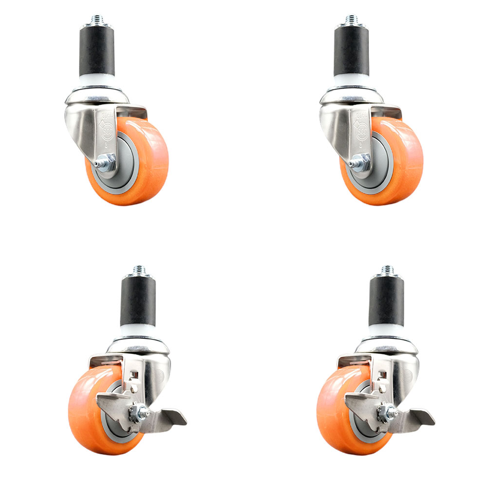 Polyurethane Swivel Stem Caster with 3 in. Orange Caster Wheels, 1.5 in. Expanding Stems - 316 Stainless Steel Casters - Set of 4