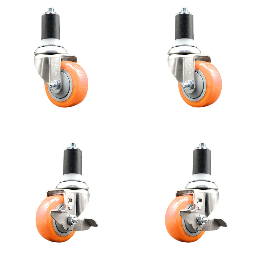 Polyurethane Swivel Stem Caster with 3 in. Orange Caster Wheels, 1.63 in. Expanding Stems - 316 Stainless Steel Casters - Set of 4
