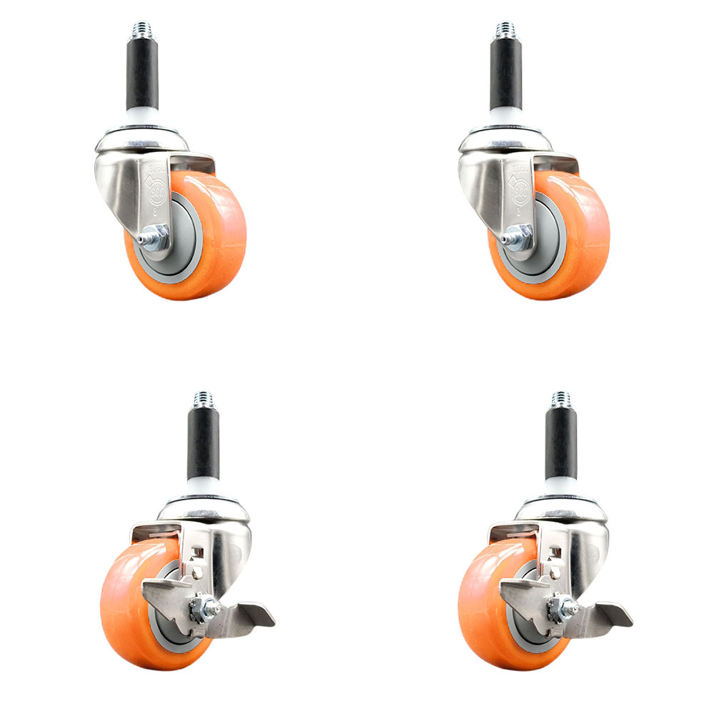 Polyurethane Swivel Stem Caster with 3 in. Orange Caster Wheels, 0.87 in. Expanding Stems - 316 Stainless Steel Casters - Set of 4