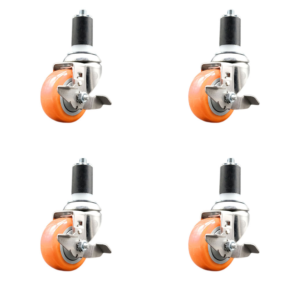 Polyurethane Swivel Stem Caster with 3 in. Orange Caster Wheels, 1.5 in. Expanding Stems - 316 Stainless Steel Casters - Set of 4