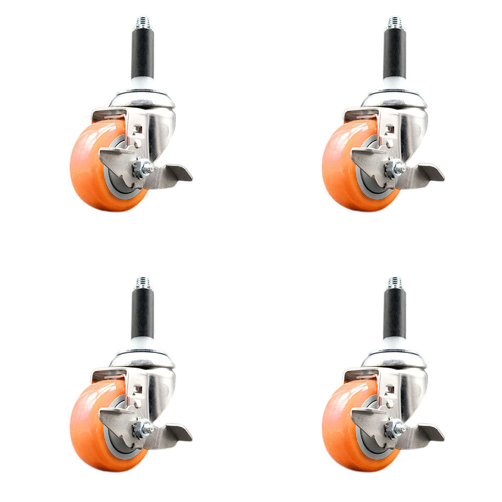 Polyurethane Swivel Stem Caster with 3 in. Orange Caster Wheels, 0.75 in. Expanding Stems - 316 Stainless Steel Casters - Set of 4
