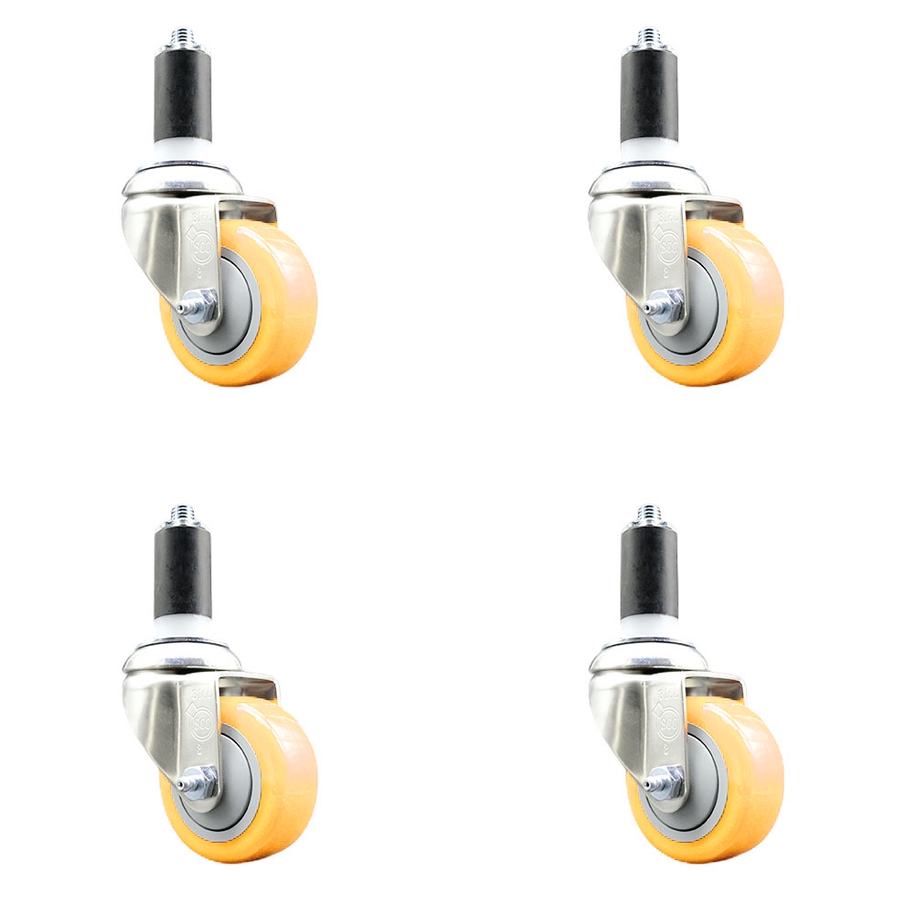 Polyurethane Swivel Stem Caster with 3 in. Yellow Caster Wheels, 1.38 in. Expanding Stems - 316 Stainless Steel Casters - Set of 4