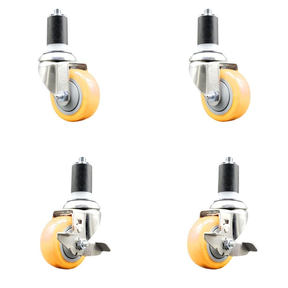 Polyurethane Swivel Stem Caster with 3 in. Yellow Caster Wheels, 1.5 in. Expanding Stems - 316 Stainless Steel Casters - Set of 4