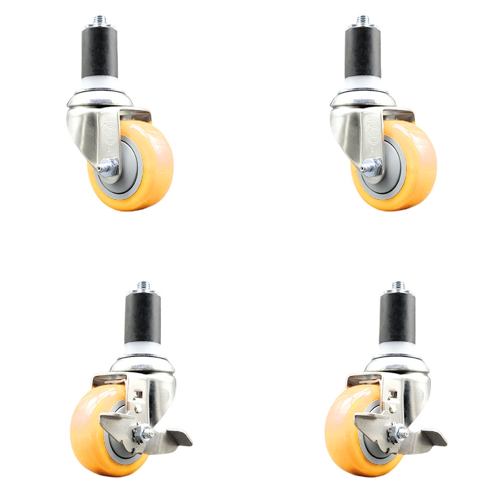 Polyurethane Swivel Stem Caster with 3 in. Yellow Caster Wheels, 1.63 in. Expanding Stems - 316 Stainless Steel Casters - Set of 4