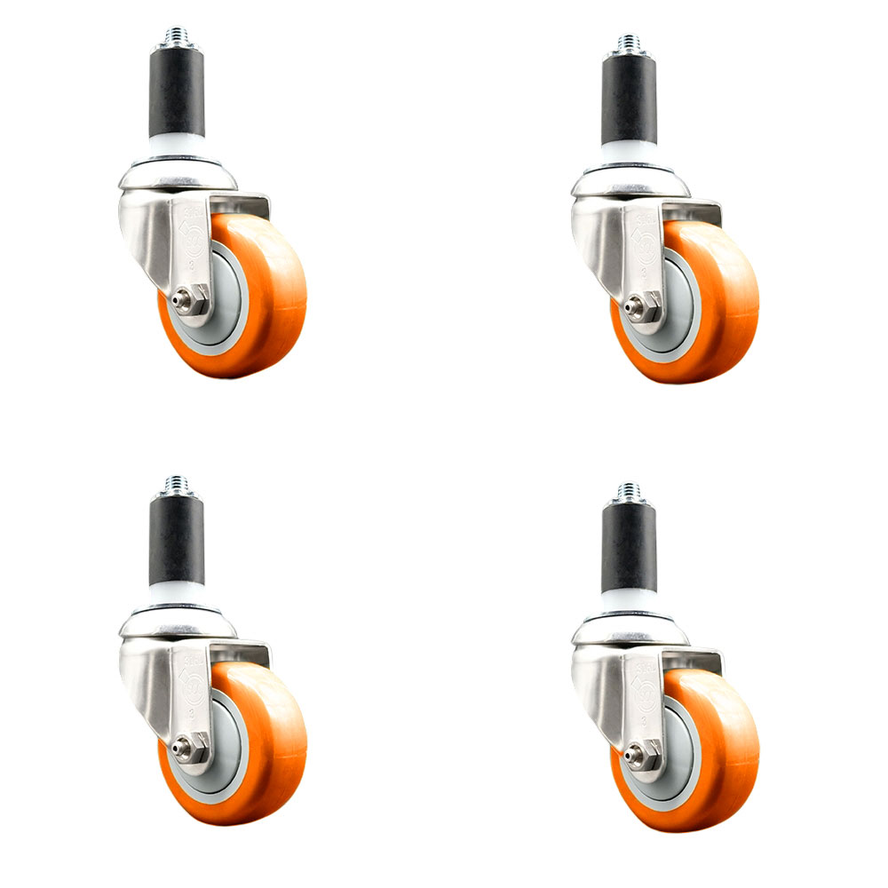 Polyurethane Swivel Stem Caster with 3.5 in. Orange Caster Wheels, 1.25 in. Expanding Stems - 316 Stainless Steel Casters - Set of 4